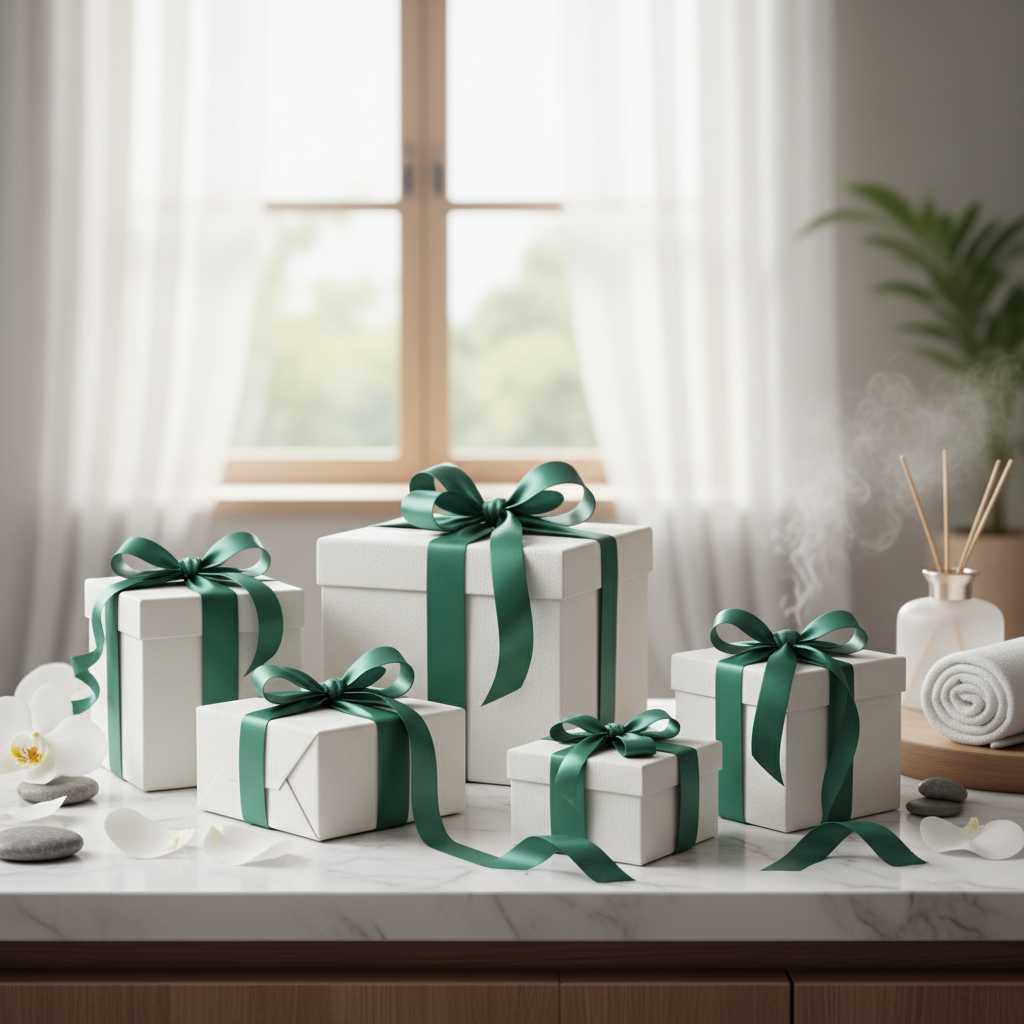 Beautifully wrapped gifts in white and green - square format