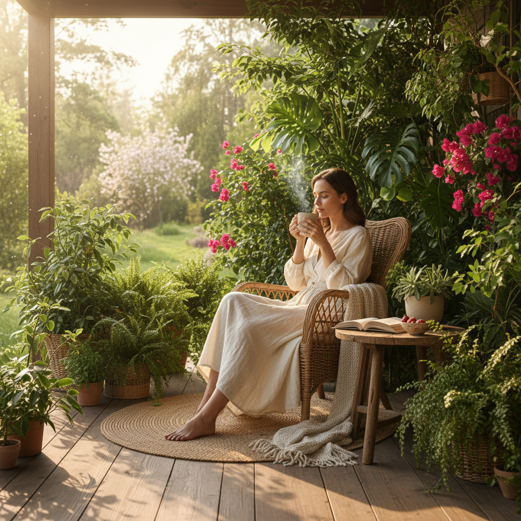 Woman on Porch with Potted Plants and Coffee